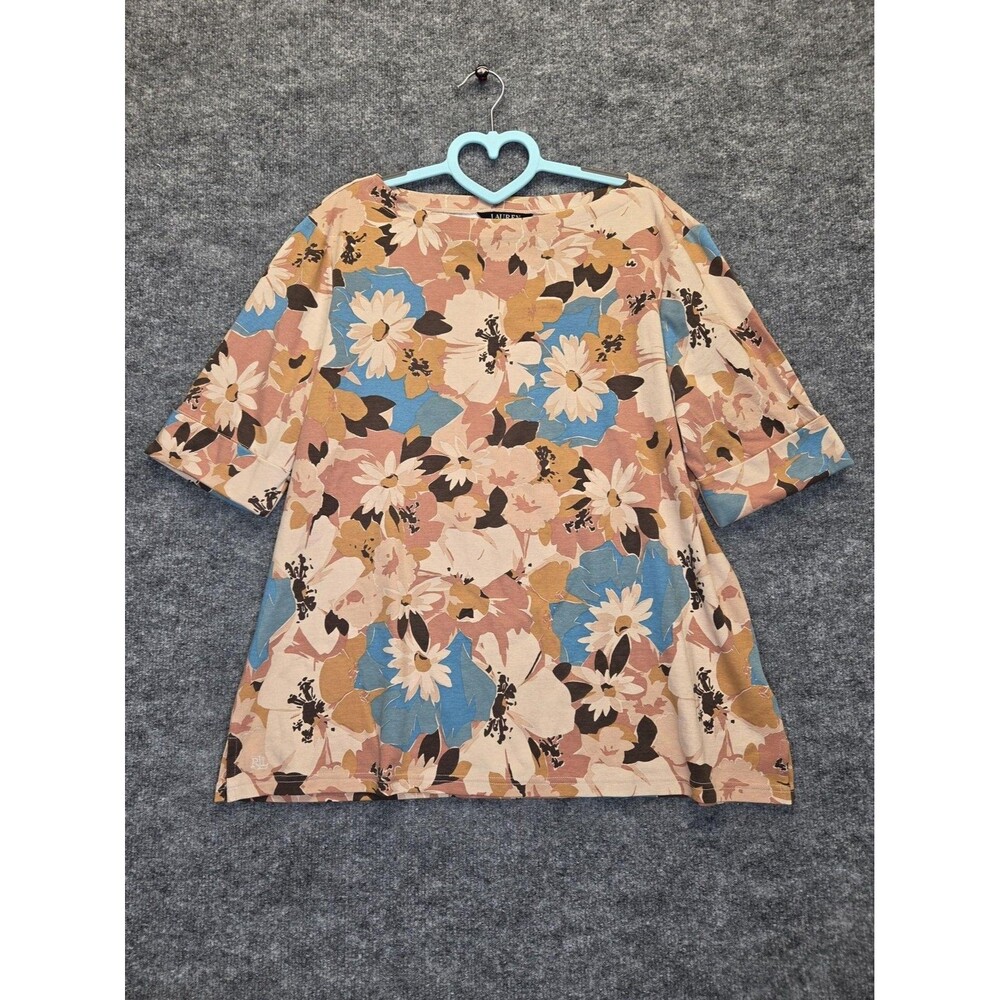 Lauren Ralph Lauren Shirt Womens 2X Multicolor Floral Boat Neck T Shirt Stretch